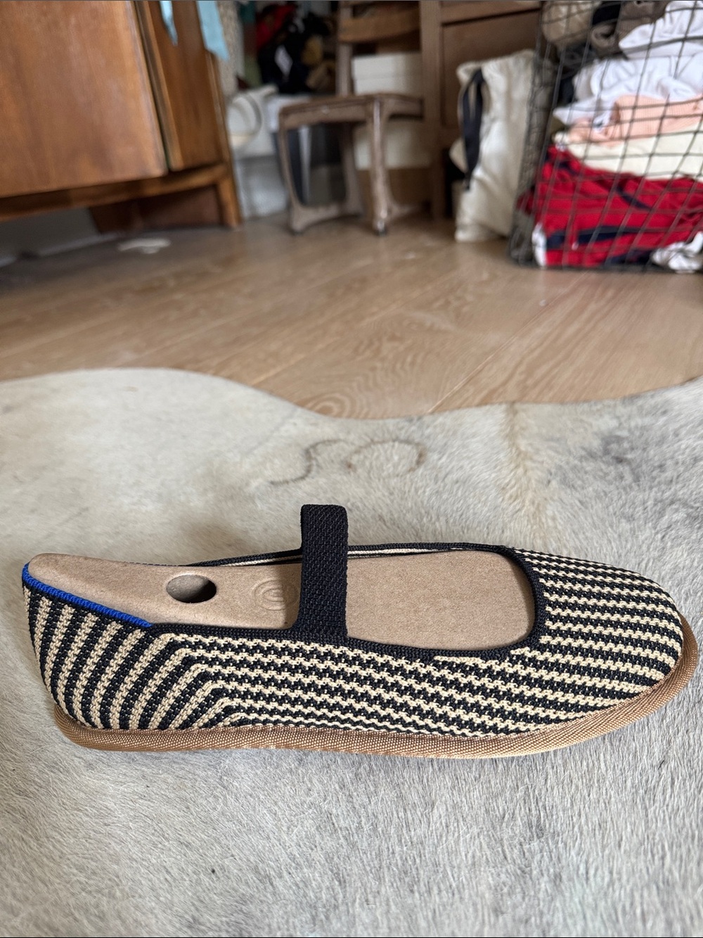 Rothy's Black and Cream Striped Mary Jane Flat